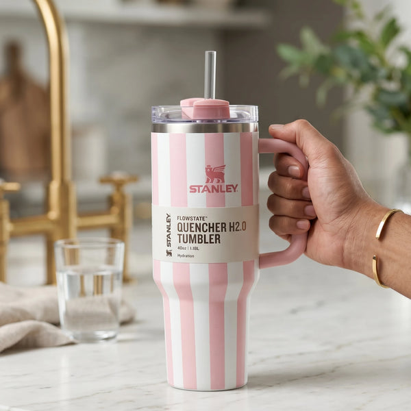 Striped Stainless Steel Tumbler With Handle & Straw – Insulated Travel Mug 40oz
